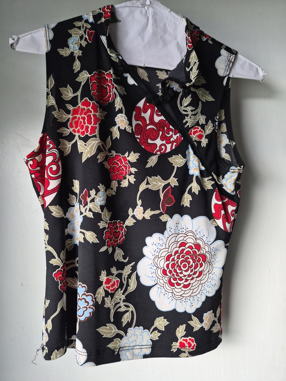 Sleeveless Black Floral Asian-Inspired Top with Red & Cream Blooms